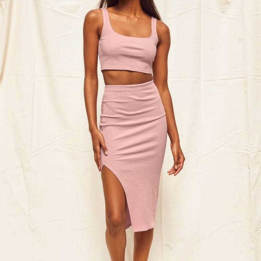 Lulu's blush pink ribbed bodycon two-piece dress "Set for Life"